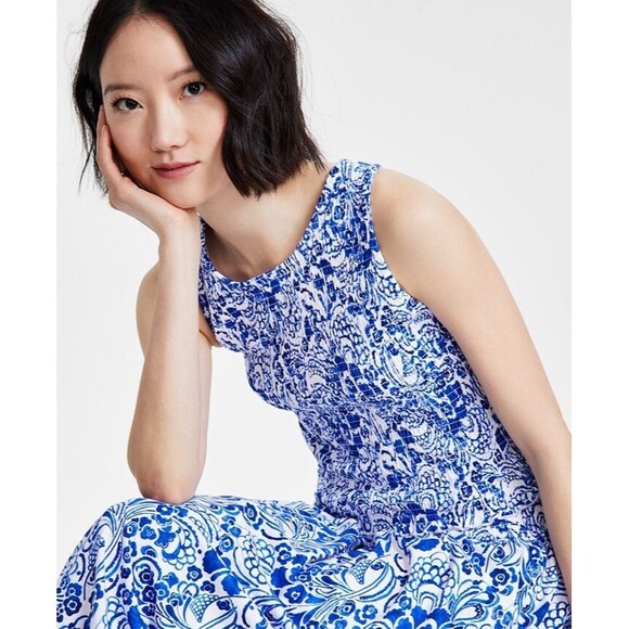 Tommy Hilfiger Womens Fontaine FloralPrint Smocked Cotton Tank Top BlueWhite XXL - Picture 3 of 10